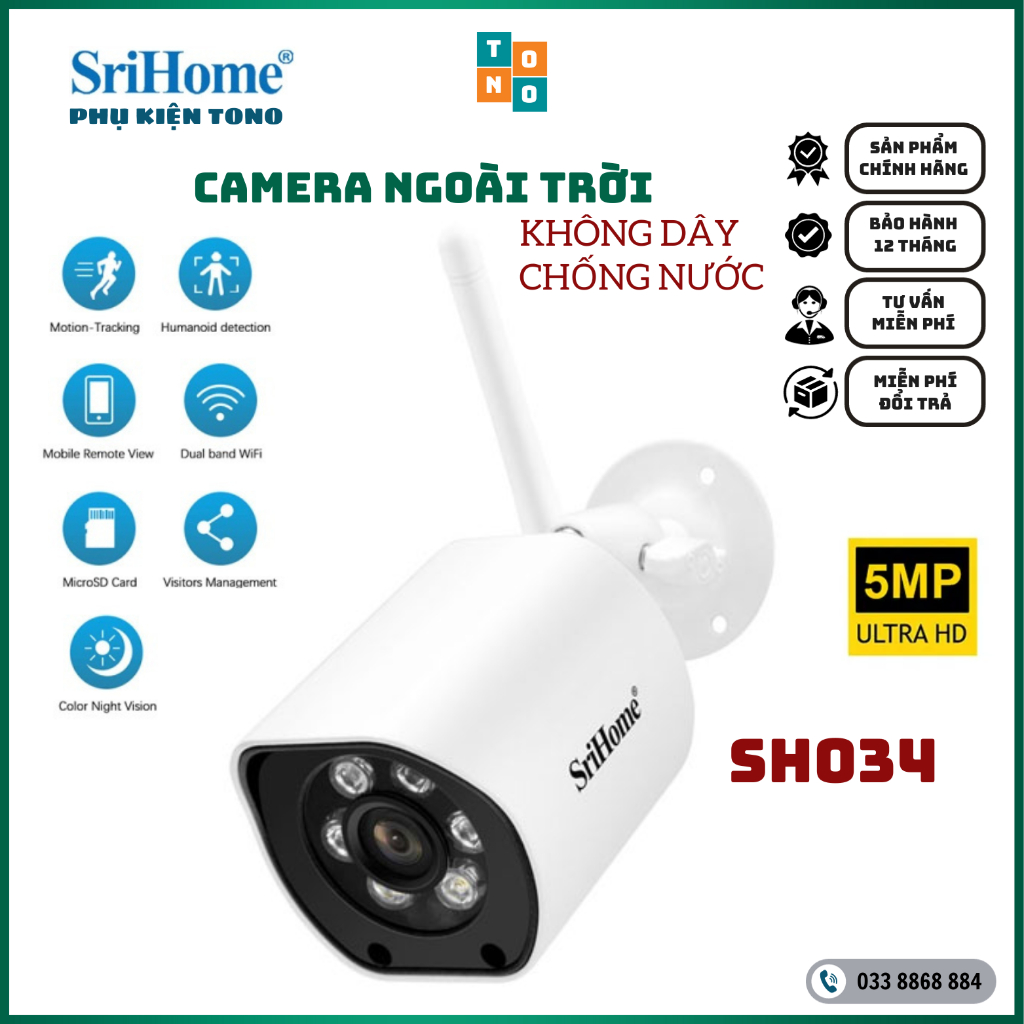 Camera IP Không dây ngoài trời SriHome SH034 5.0Mpx chống nước chống bụi IP66 tích hợp đèn LED có màu ban đêm