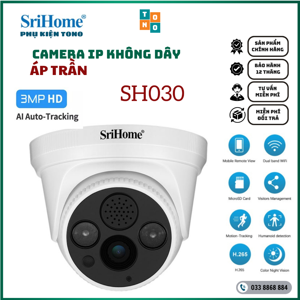 Camera không dây IP Srihome SH030 áp trần độ phân giải 3.0Mpx tích hợp Hồng ngoại  | HÀNG CHÍNH HÃNG | BẢO HÀNH 12 THÁNG