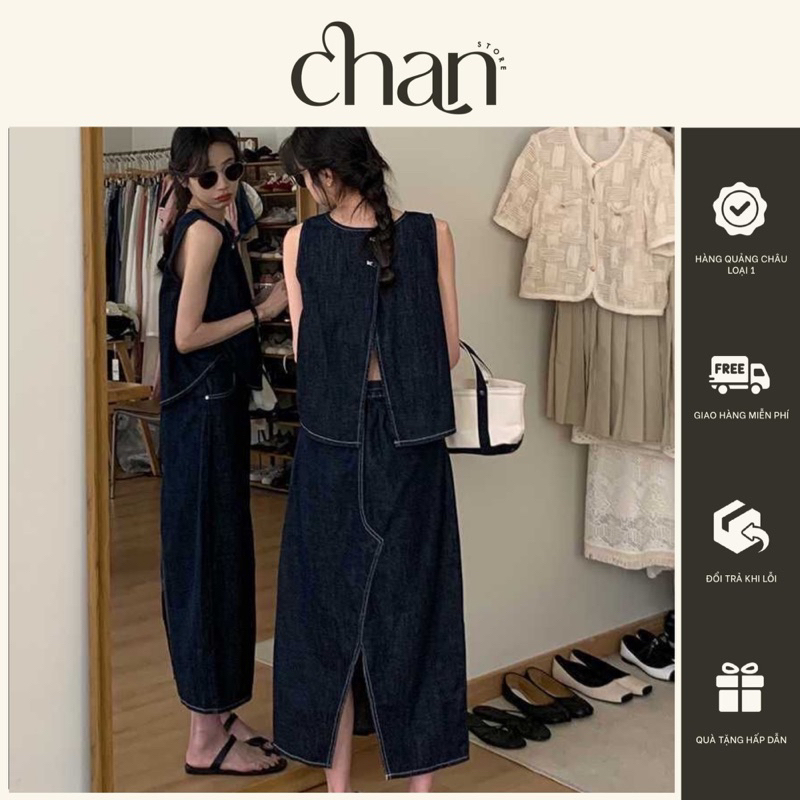 Set bộ denim áo kiểu + chân váy dài phong cách uzzlang hot trend 2023