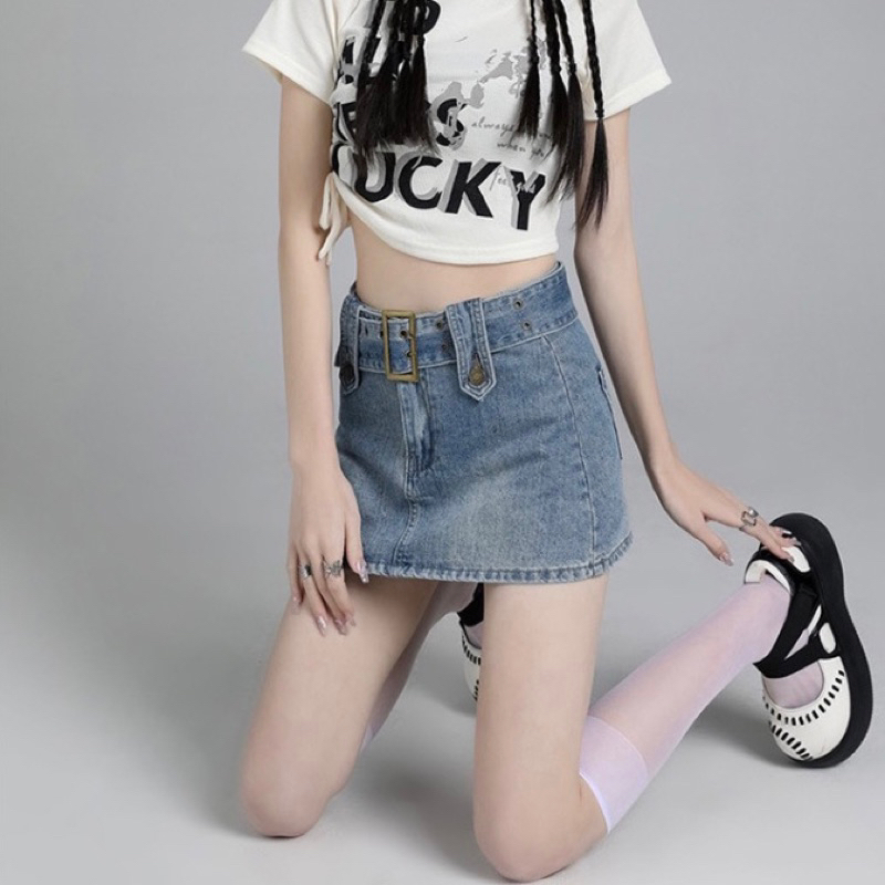 Chân váy jeans y2k,Chân váy jeans ngắn chữ A lưng cao, váy bò, chân váy jeasn tặng kèm belt, chân váy lót jeans (FREE ỐC