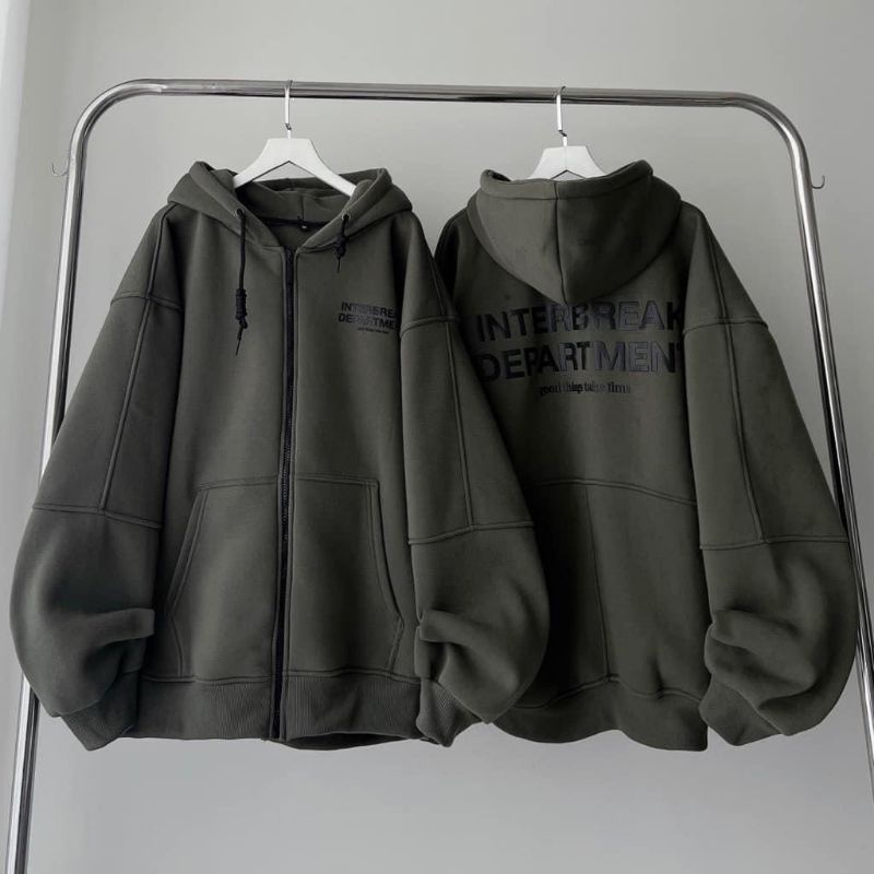 Áo khoác hoodie nam nữ fom rộng tay dài in chữ phong cách , hoodie in chữ INTERBREAK zip fom rộng