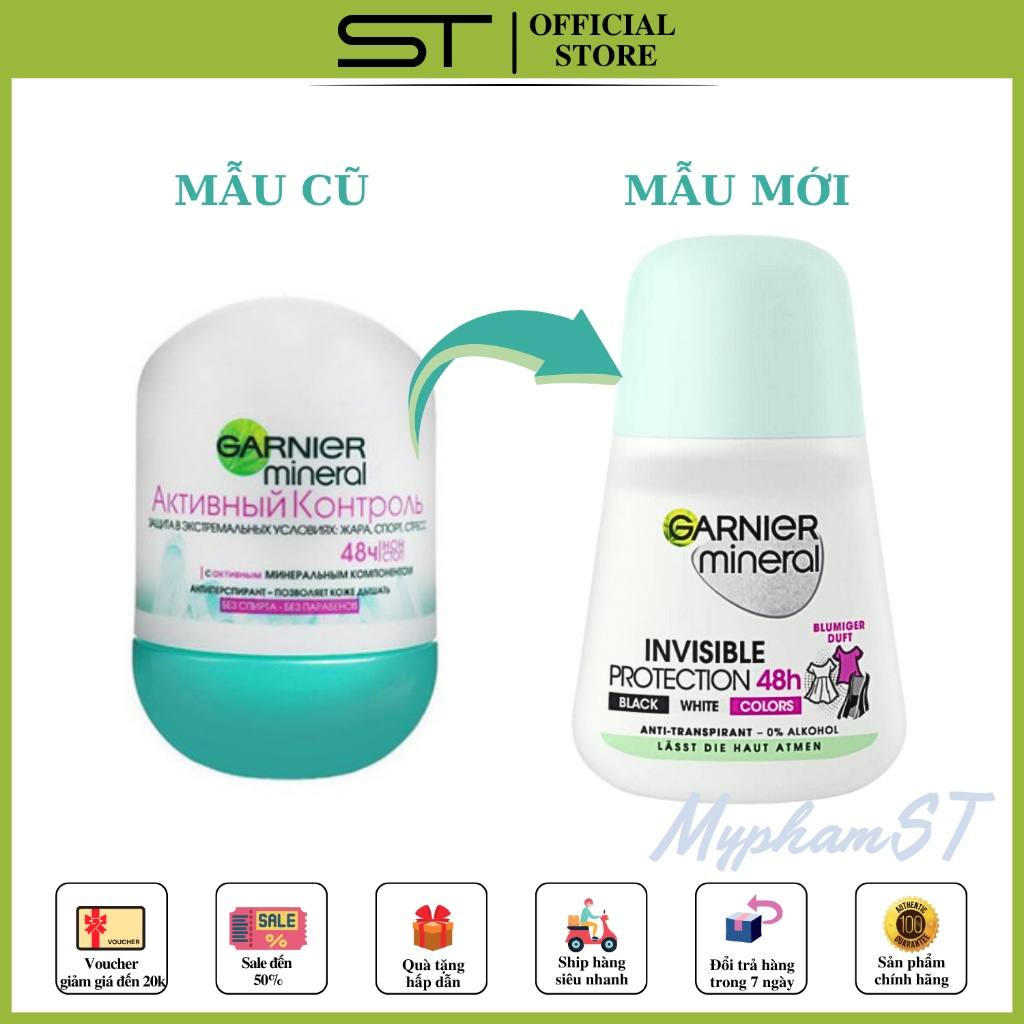 Lăn khử mùi diệt khuẩn- Garnier Mineral Invisible 48h, không ố vàng áo, hết hôi nách