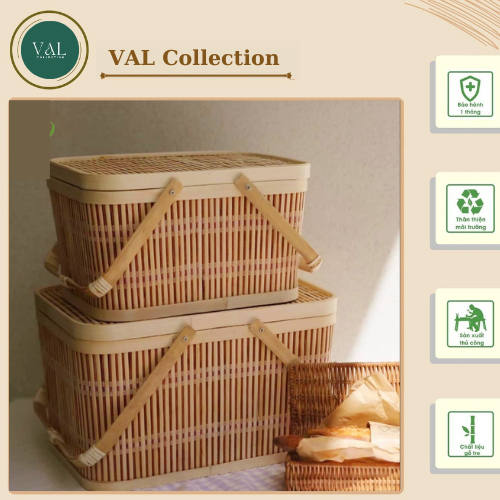 [HOT SALE] Giỏ picnic mây tre đan hình chữ nhật có quai và nắp vintage. Giỏ đựng đồ bánh kẹo quà Tết