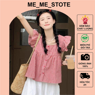 Áo kiểu babydoll tay cánh tiên cổ vuông dáng rộng hoạ tiết kẻ caro phong cách Hàn Quốc