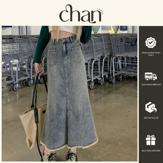 Chân váy jean dáng dài phối túi trước phong cách hàn quốc