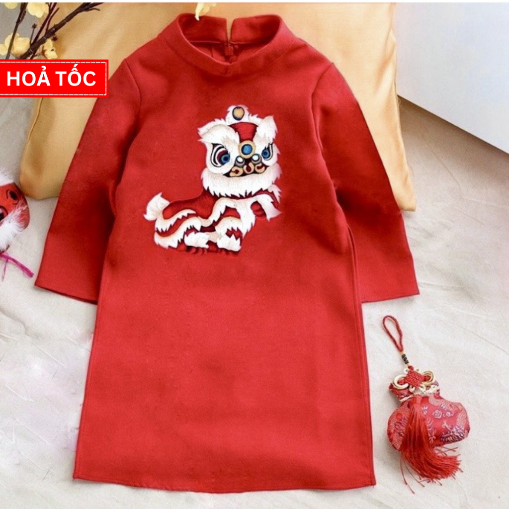 Áo dài cách tân hình kì lân chất liệu nhung hàn cao cấp cho bé trai từ 9 - 37 kg, áo dài tết xẻ tà 3 màu cho bé trai