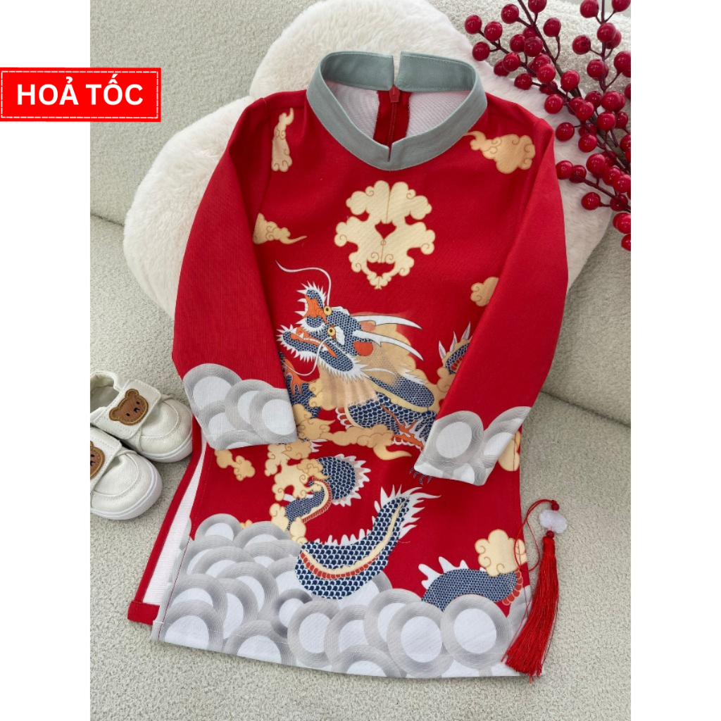 Áo dài cho bé trai Thuỵ Long chất liệu nhung tăm hàn cao cấp từ 9 - 37 kg, Áo dài tết cách tân xẻ tà cho bé trai