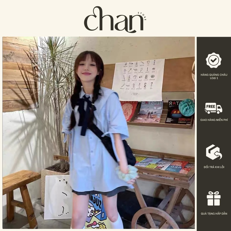 Áo sơ mi kiểu thuỷ thủ phối tay nhún kèm nơ form rộng M27