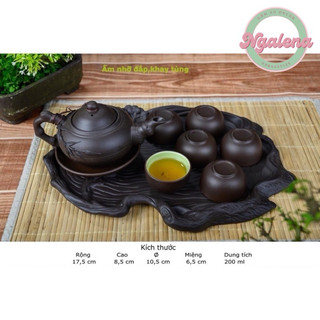 Bộ ấm chén Bát Tràng đắp nổi khay lá sen
