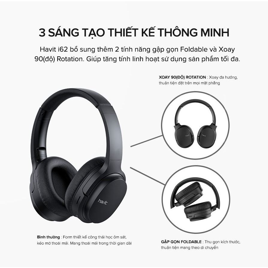 Tai Nghe Bluetooth Headphone HAVIT i62, Driver 40mm, BT 5.3, Nghe Đến 20H, Gập Gọn 90, Nghe thẻ nhớ, có đài FM