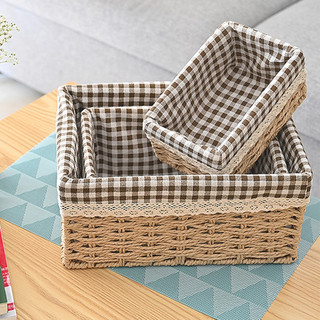  Giỏ mây đựng đồ để bàn giỏ cói đựng mỹ phẩm màu be đựng đồ gia dụng chìa khoá lót vải caro 
