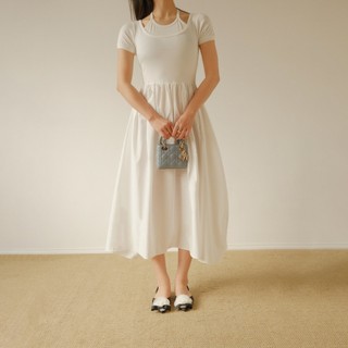 Outlet | THE19CLUB - Váy cổ yếm ngắn tay cotton dệt kim phối cotton không nhăn dáng dài hai màu sắc - DELPHINE DRESS