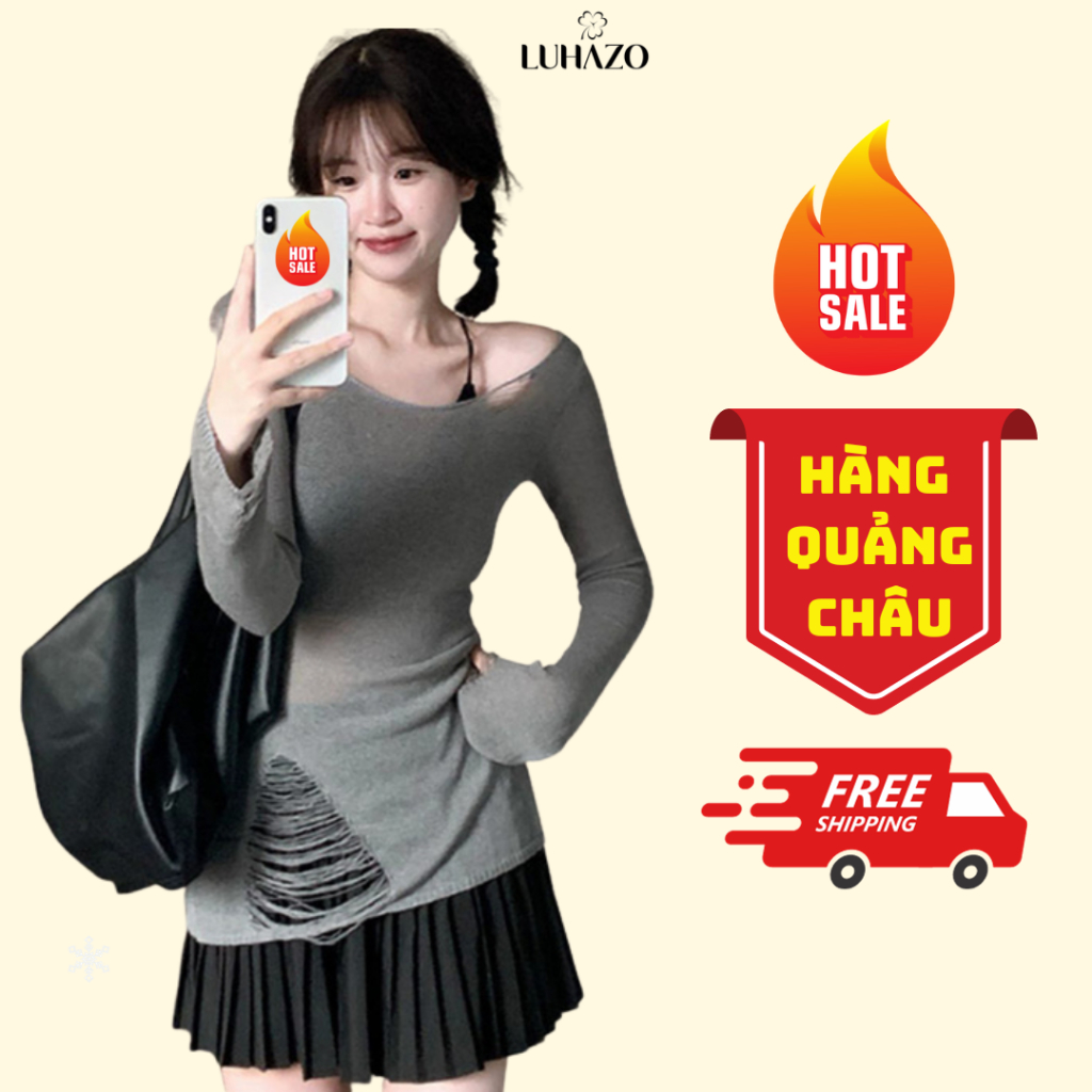 Áo len nữ dài tay trễ vai áo dệt kim rách LUHAZO chất mongtoghi mỏng thiết kế độc lạ cá tính M102 T-1