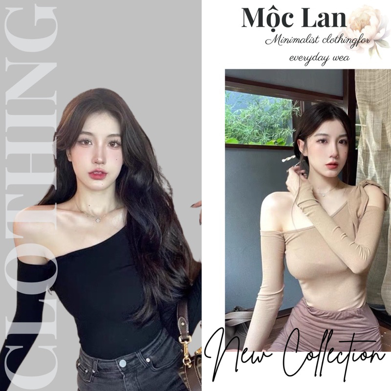 (Moclanclothing) Áo thun lệch vai chất co dãn dành cho nữ hàng quảng châu