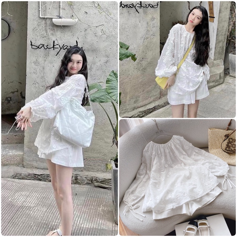 SET ÁO BBD TRẮNG REN HOA TAY PHỒNG + SHORT
