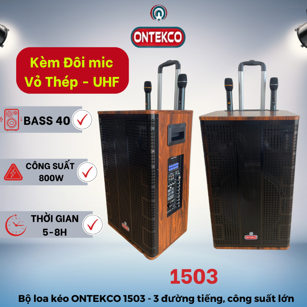 Loa kéo karaoke ONTEKCO 1503 BLACK kết nối Bluetooth Bass 40cm kèm 2 Micro UHF 3 đường tiếng hát karaoke