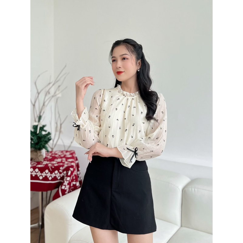 Áo sơ mi chiffon in hoa nhí đính nơ tay dễ thương chất voan tơ cao cấp