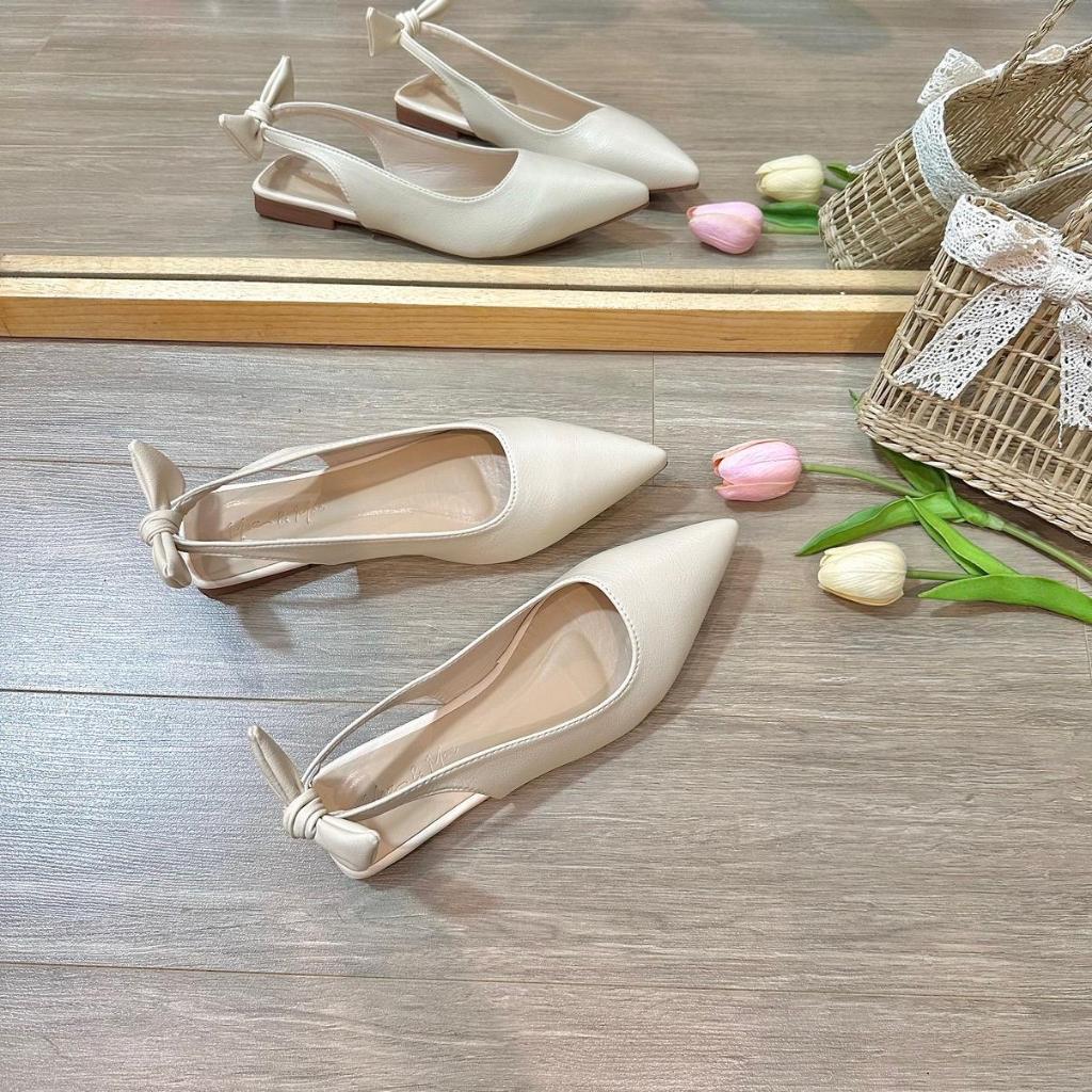 Giày slingback mũi nhọn gót nơ đế chống trơn tiểu thư