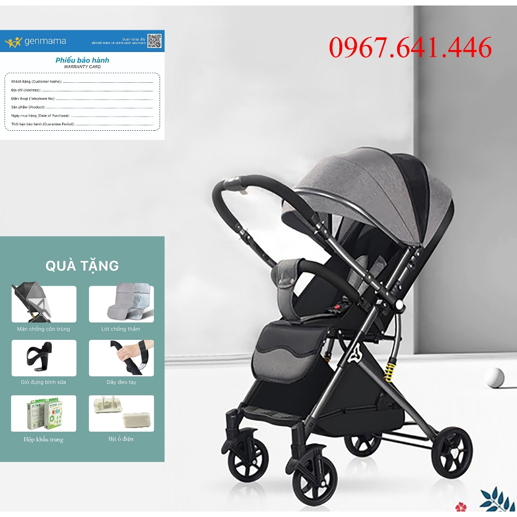 XE đẩy cho bé gấp gọn 2 chiều 3 tư thế đi chơi, đi du lịch  GENMAMA  tặng màn + lót chống thấm + giá để bình sữa