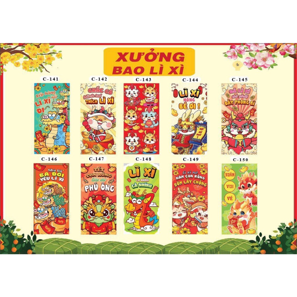 Túi 10 phong bao lì xì tết chọn mẫu truyền thống mẫu rồng đã đóng túi bóng xịn xò