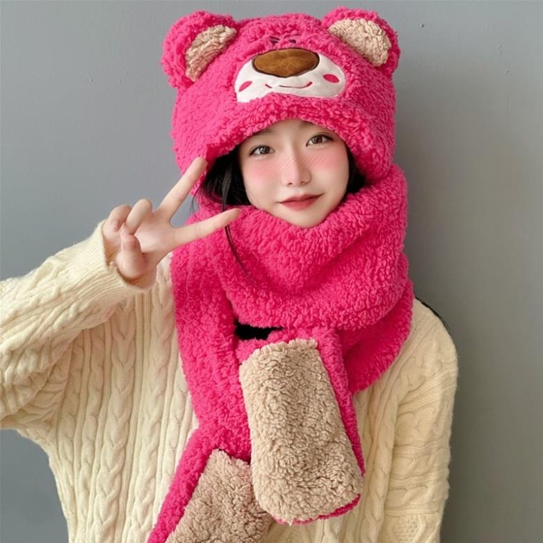 Mũ Kèm Khăn Quàng Cổ Và Sỏ Tay Hình Gấu PINKY Hoạt Hình Dễ Thương🍀FREESHIP🍀Mũ Lông  3in1 Hình Gấu Mẫu Mới