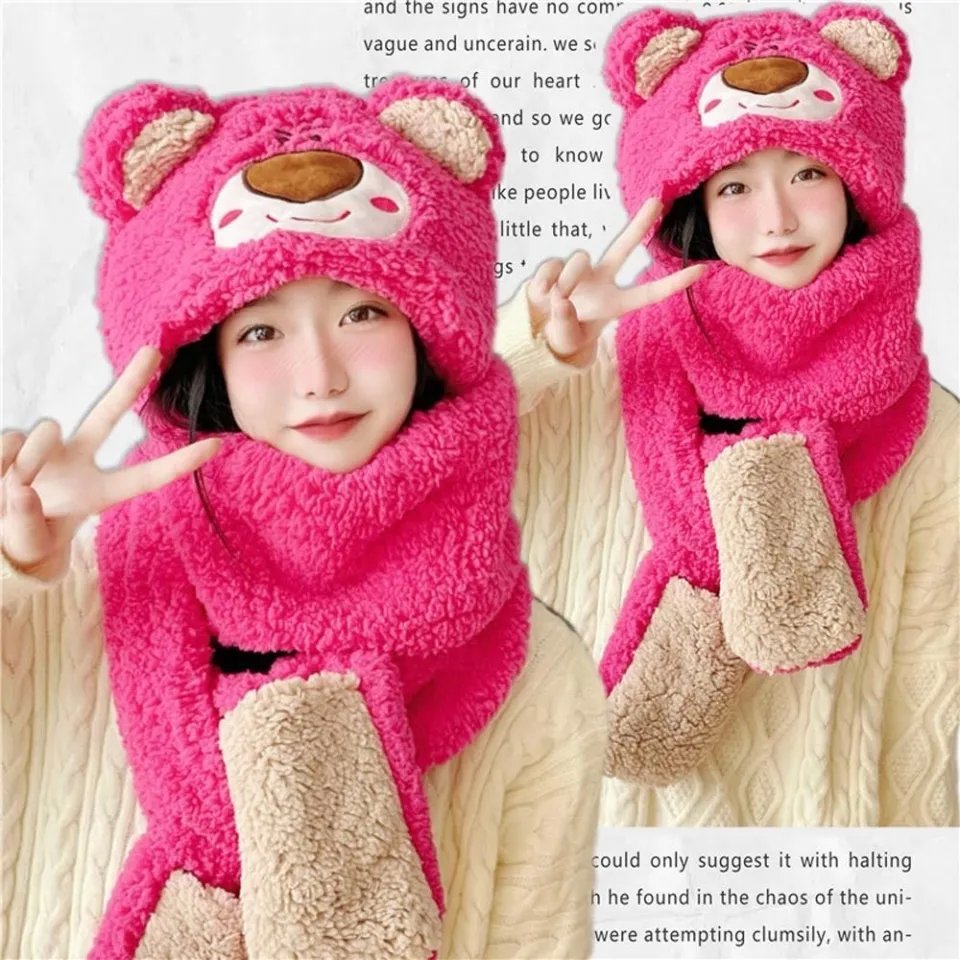 Mũ Kèm Khăn Quàng Cổ Và Sỏ Tay Hình Gấu PINKY Hoạt Hình Dễ Thương🍀FREESHIP🍀Mũ Lông  3in1 Hình Gấu Mẫu Mới