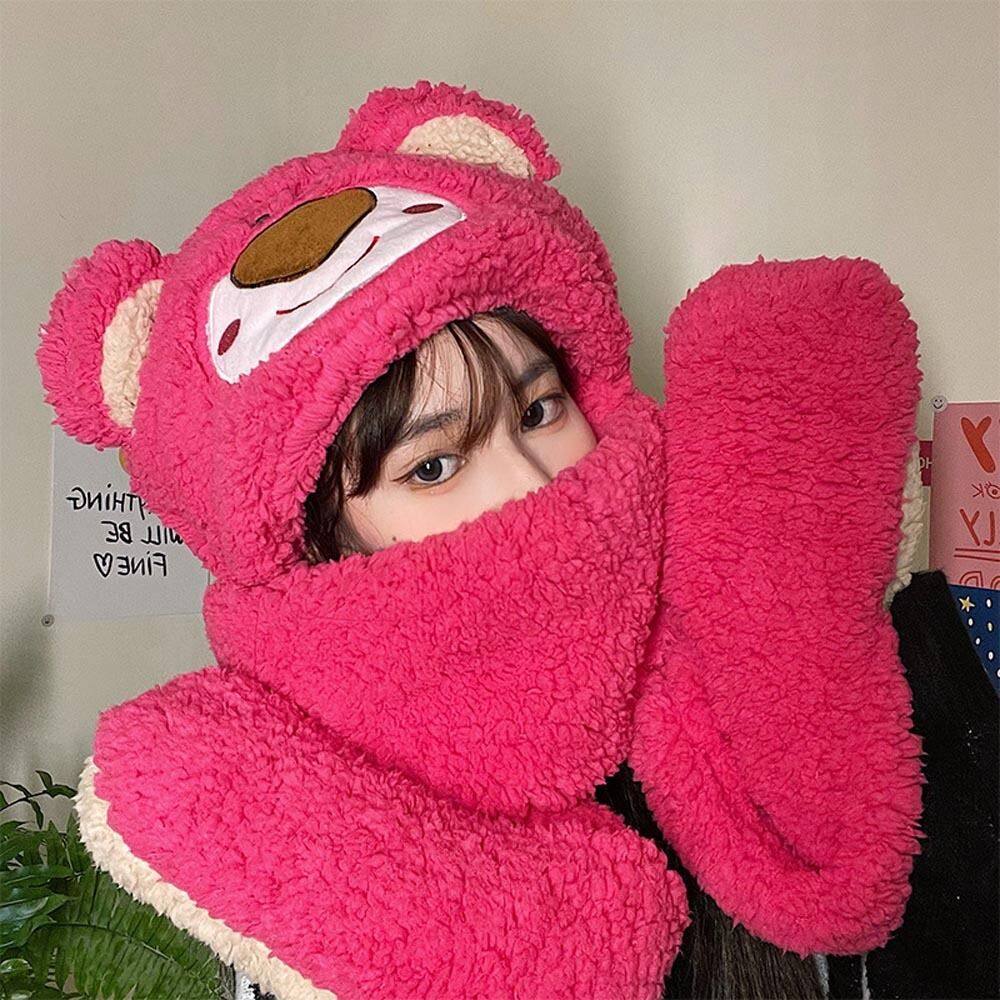 Mũ Kèm Khăn Quàng Cổ Và Sỏ Tay Hình Gấu PINKY Hoạt Hình Dễ Thương🍀FREESHIP🍀Mũ Lông  3in1 Hình Gấu Mẫu Mới