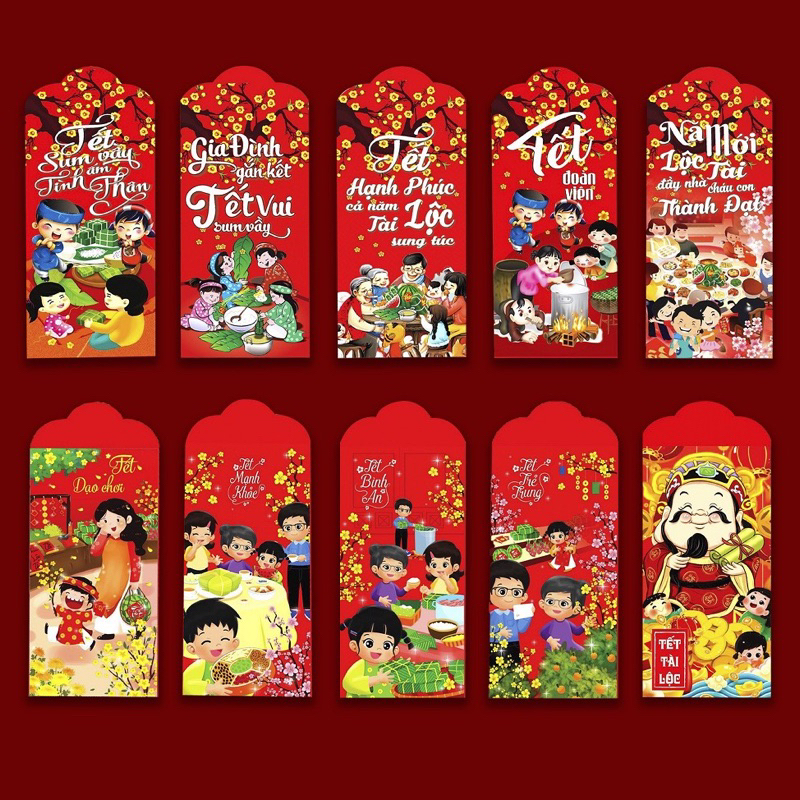 Túi 10 phong bao lì xì tết chọn mẫu truyền thống mẫu rồng đã đóng túi bóng xịn xò