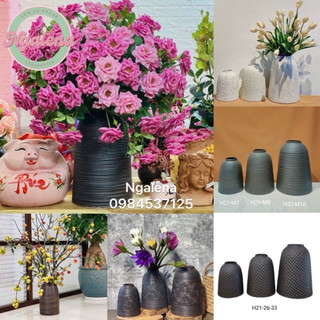 Bình cắm hoa, lọ hoa gốm sứ Bát tràng dáng chuông khắc vân ganh men mộc