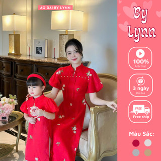 Áo dài cách tân mẹ và bé gái 💖𝐅𝐑𝐄𝐄 𝐒𝐇𝐈𝐏💖 Áo dài cách tân - Áo dài thiết kế màu đỏ tay bồng hiện đại chất liệu tơ crep