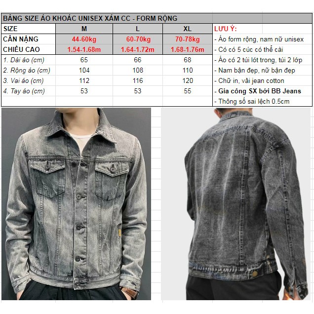 Áo khoác jean nam nữ VAST xám cắt rách và xám trơn CC form rộng size 40-75kg dài áo 64-68cm tại Mata Sport