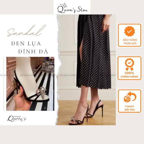 Giày Cao Gót Sandal Đen Nơ Đá Cao Cấp QUEENS STORE êm sang thanh mảnh cao 7-9-11cm