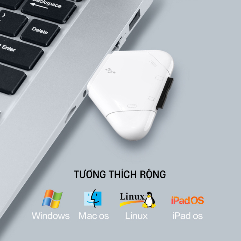 Đầu đọc thẻ đa năng 3in1 SD TF dùng cho IPh 6-15promax, Android Type-C và máy tính bảng, laptop nhà táo,laptop windows