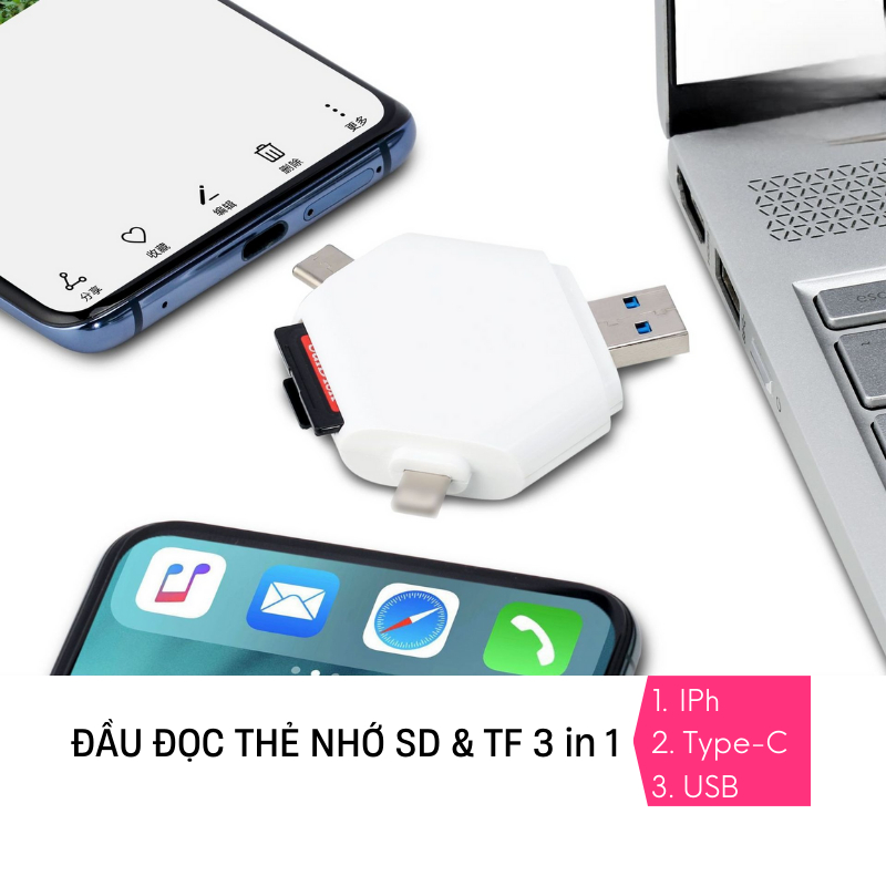 Đầu đọc thẻ đa năng 3in1 SD TF dùng cho IPh 6-15promax, Android Type-C và máy tính bảng, laptop nhà táo,laptop windows
