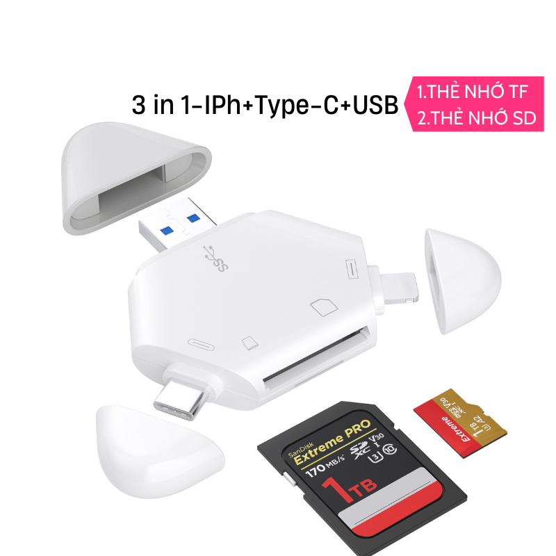 Đầu đọc thẻ đa năng 3in1 SD TF dùng cho IPh 6-15promax, Android Type-C và máy tính bảng, laptop nhà táo,laptop windows