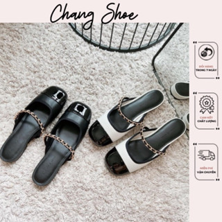   Sẵn  Giày sục C mũi tròn bóng đế bệt 1cm phối dây xích ngang phong cách đơn giản dễ phối đồ mới nhất Fullbox 2914-10 