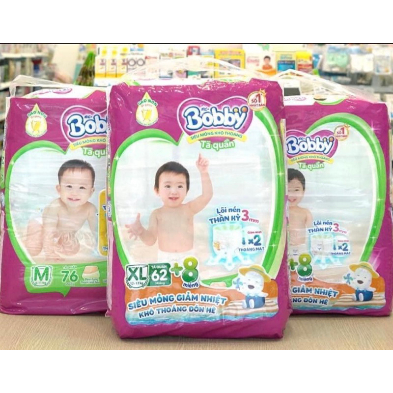 Tã dán/quần Bobby Lõi nén thần kỳ 3mm Gạo non XS70/S80/M76/L68/XL62/XXL56