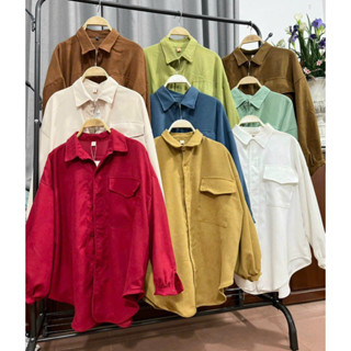  HV - Áo sơ mi nhung vạt bầu form rộng 1 nắp túi 