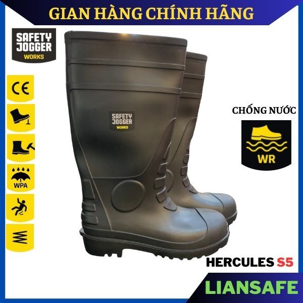 Ủng bảo hộ lao động Jogger Hercules S5 mũi sắt chống đinh - Ủng đi mưa chống nước cao su đen - chống trơn trượt làm vườn