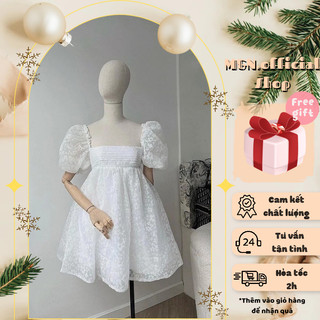 Váy trắng đi tiệc voan có nơ Đầm babydoll hồng cổ vuông hở lưng có mút xếp tầng dạo phố xinh
