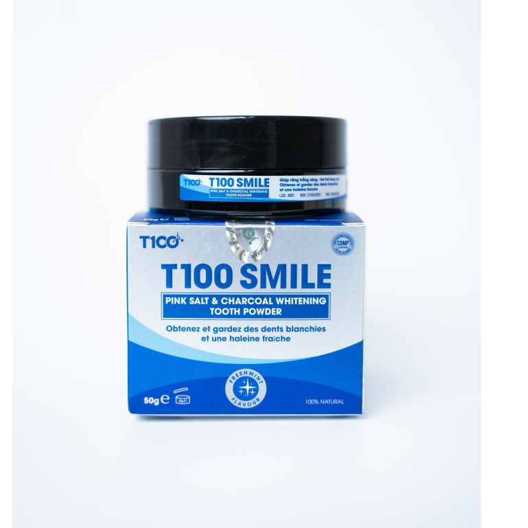 Bột trắng răng T100 SMILE thành phần Muối hồng HYMALAYA ,Than tre hoạt tính nhập khẩu 50gr