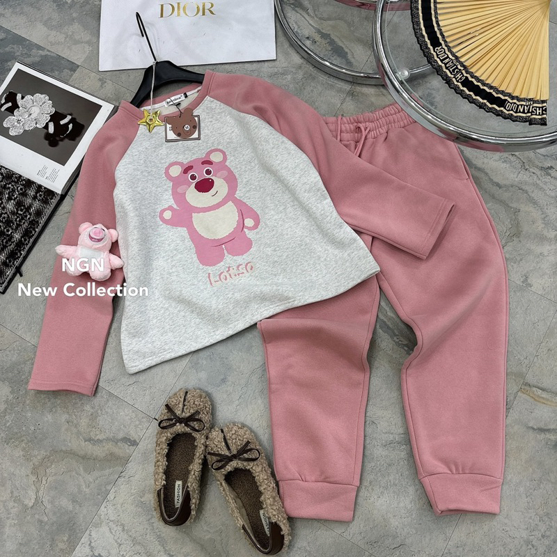 Sét áo nỉ gấu hồng Losto phối thân xám +quần dài bo gấu