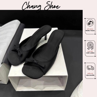 Giày sandal cao gót Z gót nhọn 8cm chất lụa Satin đính nơ nhỏ nhắn phong cách retro đi tiệc công sở Fullbox 7793