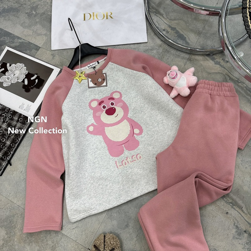 Sét áo nỉ gấu hồng Losto phối thân xám +quần dài bo gấu