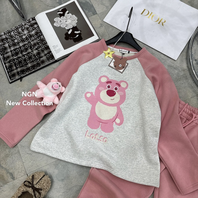 Sét áo nỉ gấu hồng Losto phối thân xám +quần dài bo gấu