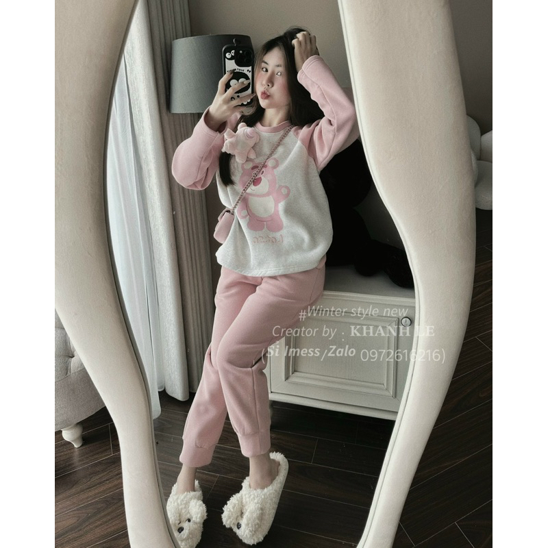 Sét áo nỉ gấu hồng Losto phối thân xám +quần dài bo gấu