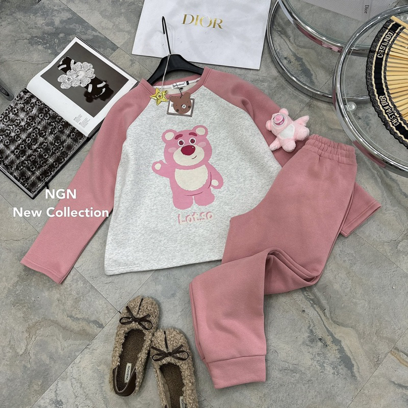 Sét áo nỉ gấu hồng Losto phối thân xám +quần dài bo gấu