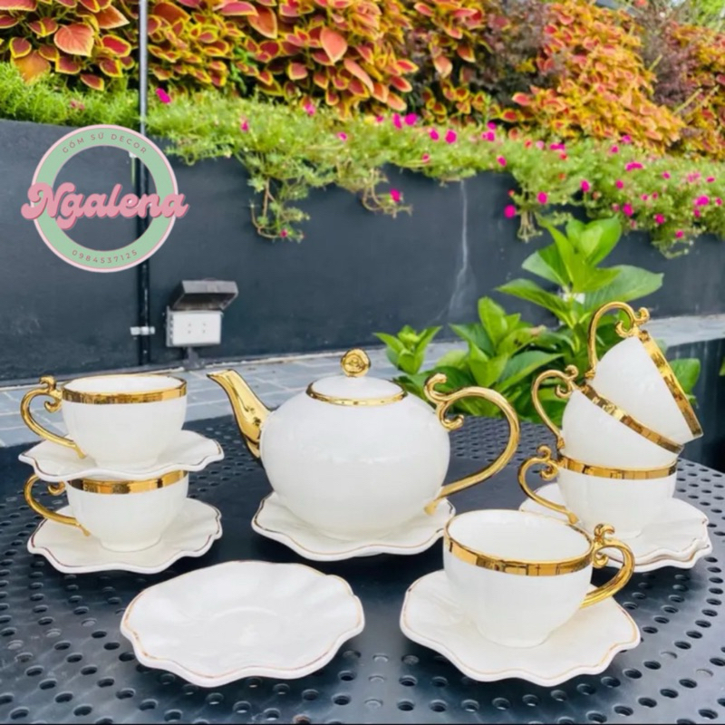 Bộ ấm chén, bộ tách trà sứ viền vàng Ceramics Cao Cấp kèm đĩa sang trọng