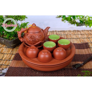 Bộ ấm chén đắp hoa khay tròn gốm Bát tràng (nhiều mẫu)