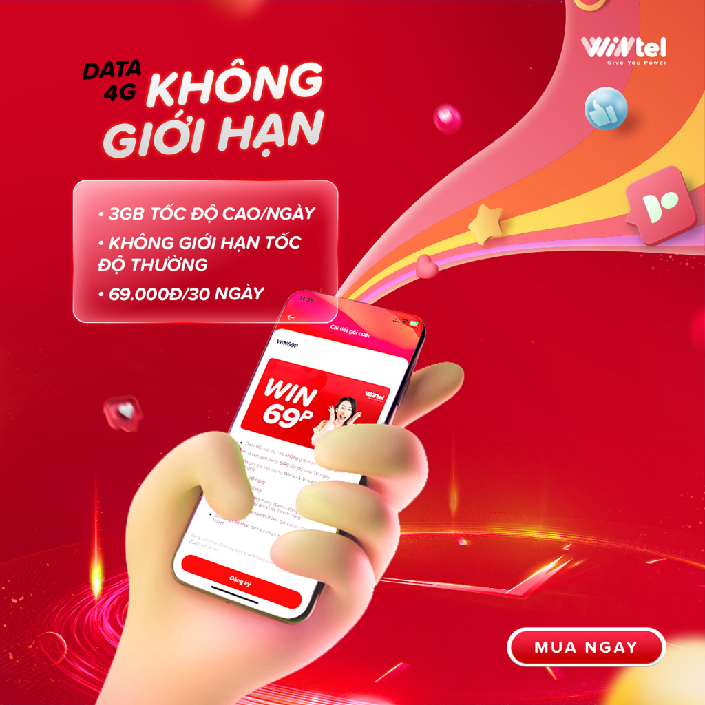 SIM 4G Wintel Win60 DATA KHÔNG GIỚI HẠN, KHÔNG HẠ Băng thông [Miễn phí tháng đầu]